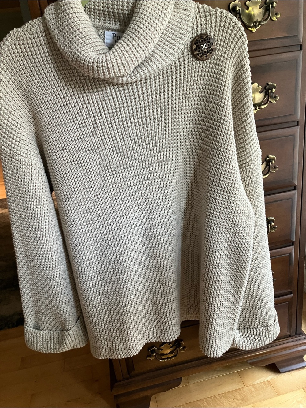 neon buddha Cream Rolled Cowl Neck Sweater with Shoulder Button